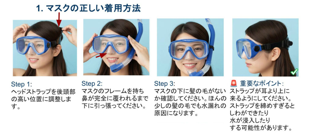 マスクの正しい着け方:ストラップを後頭部の高い位置に、鼻まで覆う、髪の毛を確認、ストラップは耳より上
