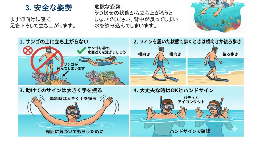 安全な姿勢と海のルール:仰向けから立つ、サンゴに立たない、フィンは横向きか後ろ歩き、助けては手を振る、大丈夫はOKサイン